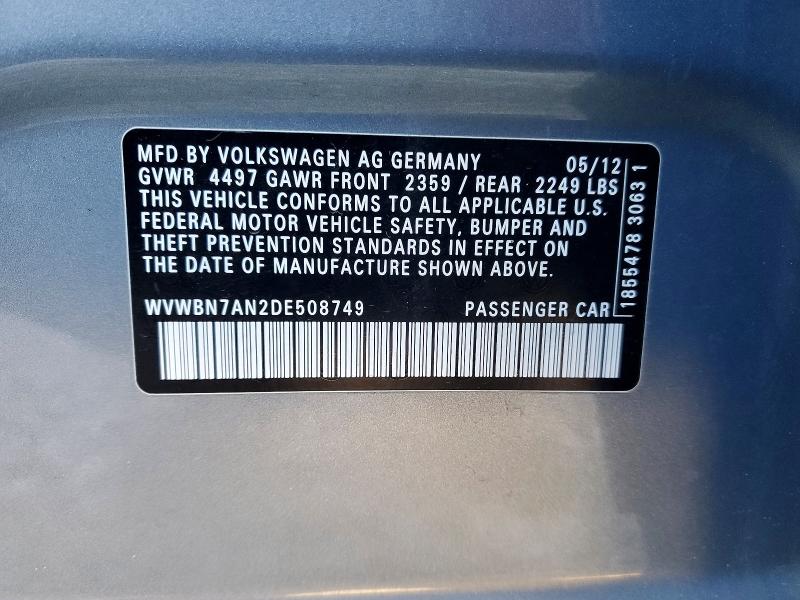 72995855 :رقم المزاد ، WVWBN7AN2DE508749 vin ، 2013 Volkswagen Cc مزاد بيع