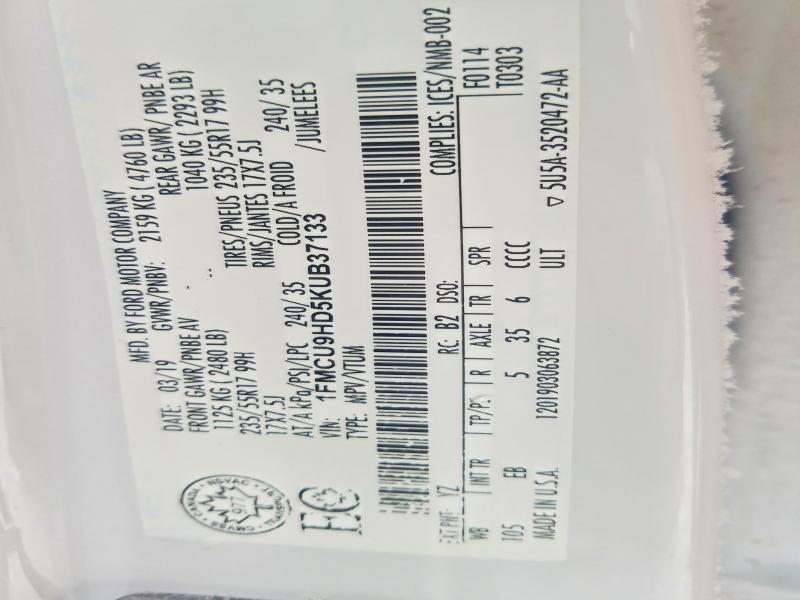 74748895 :رقم المزاد ، 1FMCU9HD5KUB37133 vin ، 2019 Ford Escape Sel مزاد بيع