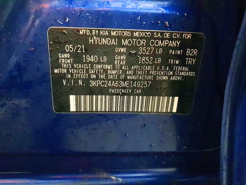 72157905 :رقم المزاد ، 3KPC24A63ME149257 vin ، 2021 Hyundai Accent مزاد بيع