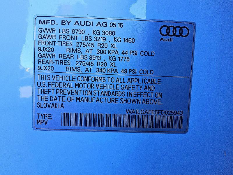 2015 Audi Q7 მანქანა იყიდება აუქციონზე, vin: WA1LGAFE5FD025943, აუქციონის ნომერი: 73670455