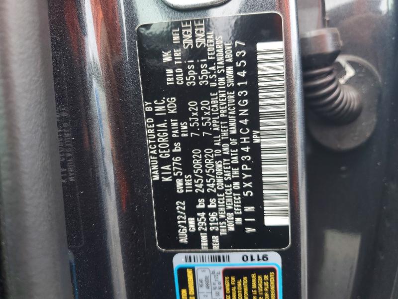 72858945 :رقم المزاد ، 5XYP34HC4NG314537 vin ، 2022 Kia Telluride مزاد بيع