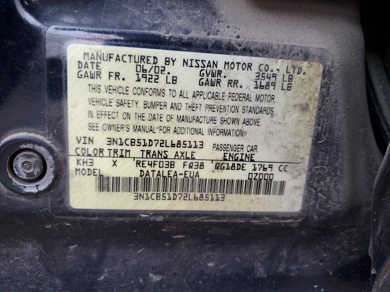 Aukcja sprzedaży 2002 Nissan Sentra, vin: 3N1CB51D72L685113, numer aukcji: 98624315