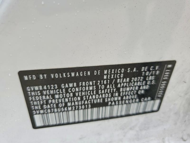 2019 Volkswagen Jetta მანქანა იყიდება აუქციონზე, vin: 3VWCB7BU5KM273013, აუქციონის ნომერი: 73873895