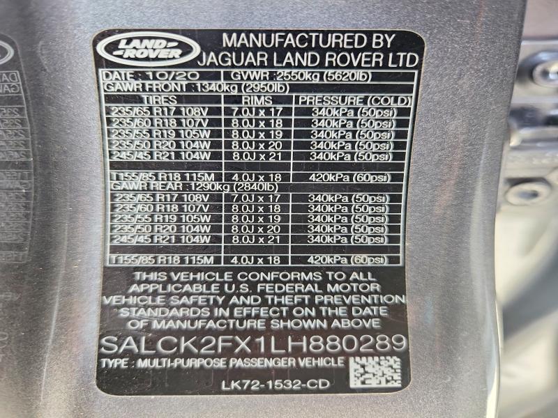 72179465 :رقم المزاد ، SALCK2FX1LH880289 vin ، 2020 Land Rover Discovery مزاد بيع