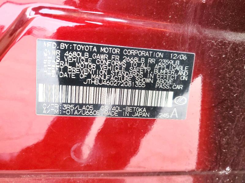 Aukcja sprzedaży 2007 Lexus Es, vin: JTHBJ46G272081355, numer aukcji: 98566875