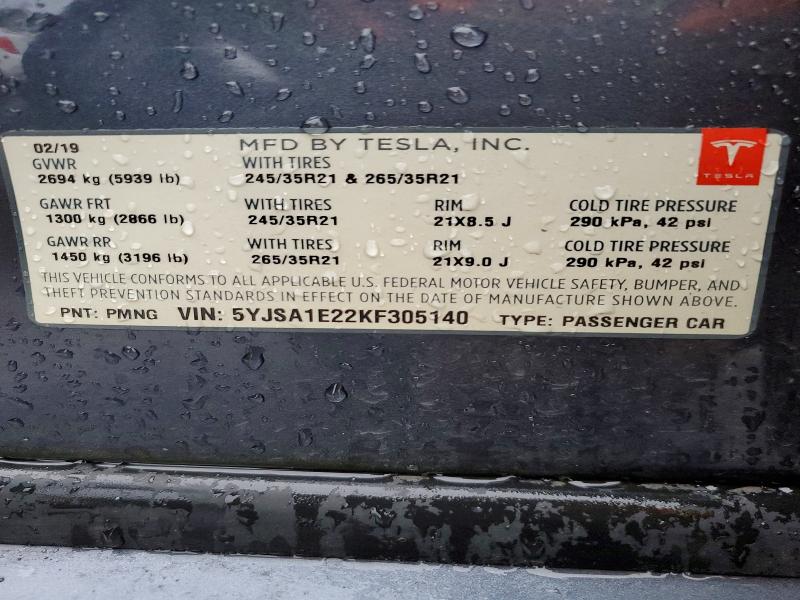 2019 Tesla Model S მანქანა იყიდება აუქციონზე, vin: 5YJSA1E22KF305140, აუქციონის ნომერი: 99286435