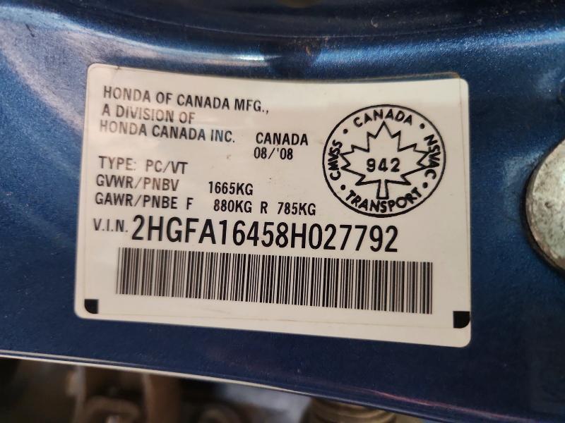 2008 Honda Civic Dx-g 4dr მანქანა იყიდება აუქციონზე, vin: 2HGFA16458H027792, აუქციონის ნომერი: 74113675