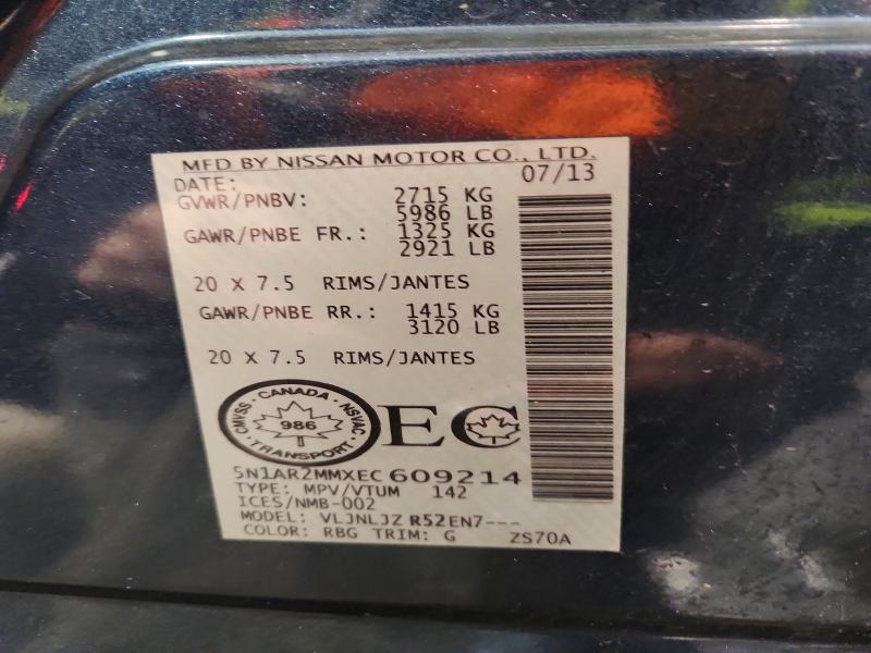 98898165 :رقم المزاد ، 5N1AR2MMXEC609214 vin ، 2014 Nissan Truck/van Pathfinder S 4dr 4wd مزاد بيع
