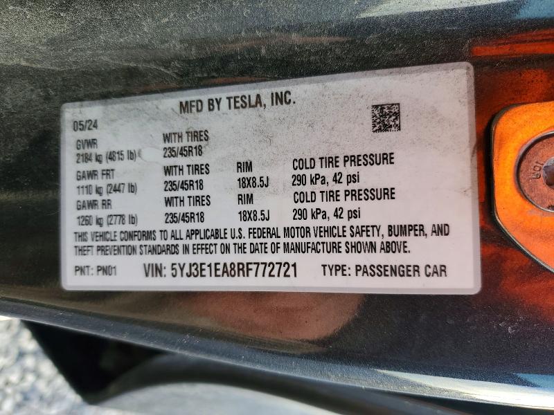 Продажа на аукционе авто 2024 Tesla Model 3, vin: 5YJ3E1EA8RF772721, номер лота: 74343325
