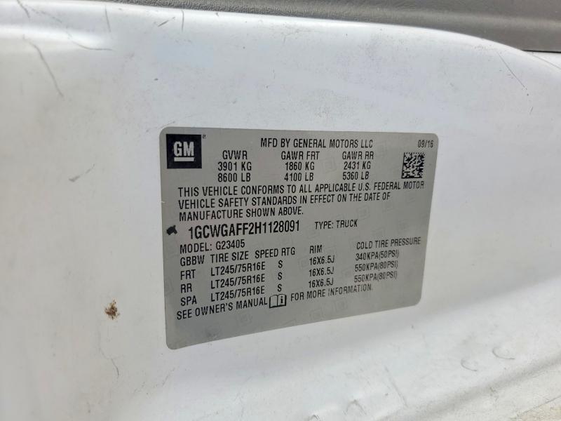 Продаж на аукціоні авто 2017 Chevrolet Express G2500, vin: 1GCWGAFF2H1128091, номер лоту: 72538075