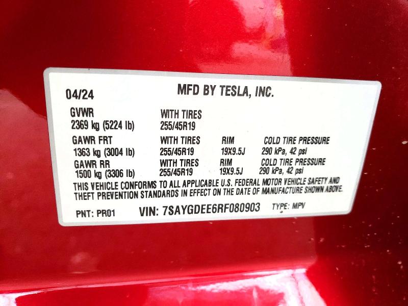 2024 Tesla Model Y მანქანა იყიდება აუქციონზე, vin: 7SAYGDEE6RF080903, აუქციონის ნომერი: 73254285