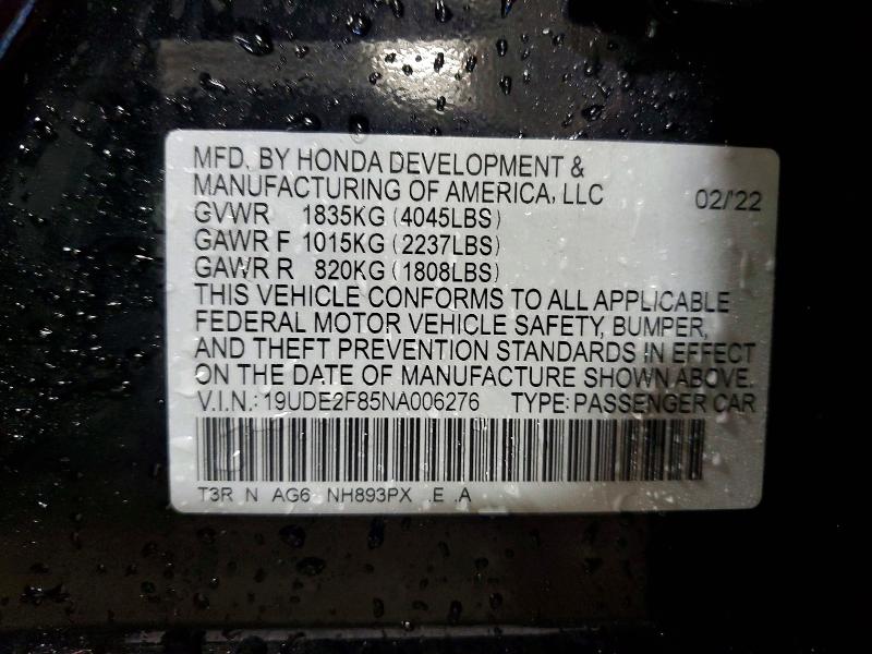 74889275 :رقم المزاد ، 19UDE2F85NA006276 vin ، 2022 Acura Ilx مزاد بيع