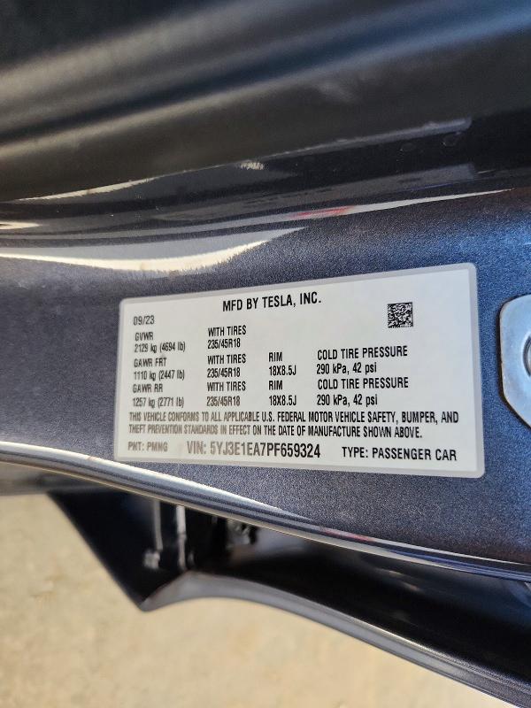 2023 Tesla Model 3 მანქანა იყიდება აუქციონზე, vin: 5YJ3E1EA7PF659324, აუქციონის ნომერი: 98147725
