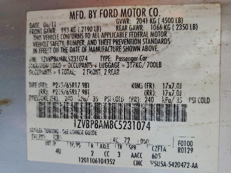 Aukcja sprzedaży 2012 Ford Mustang, vin: 1ZVBP8AM8C5231074, numer aukcji: 72781905