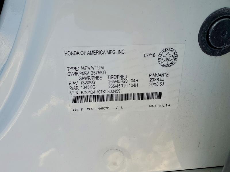 74329865 :رقم المزاد ، 5J8YD4H07KL800459 vin ، 2019 Acura Mdx مزاد بيع