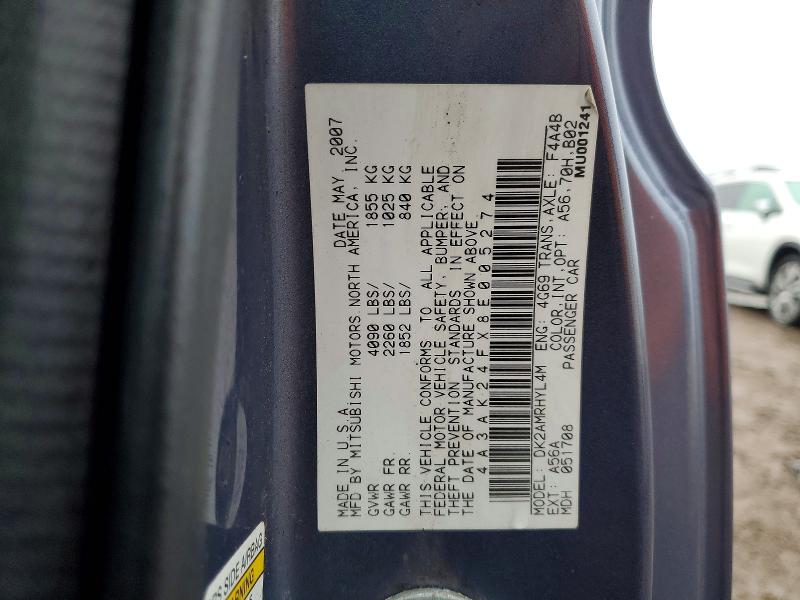 99355245 :رقم المزاد ، 4A3AK24FX8E005274 vin ، 2008 Mitsubishi Eclipse مزاد بيع