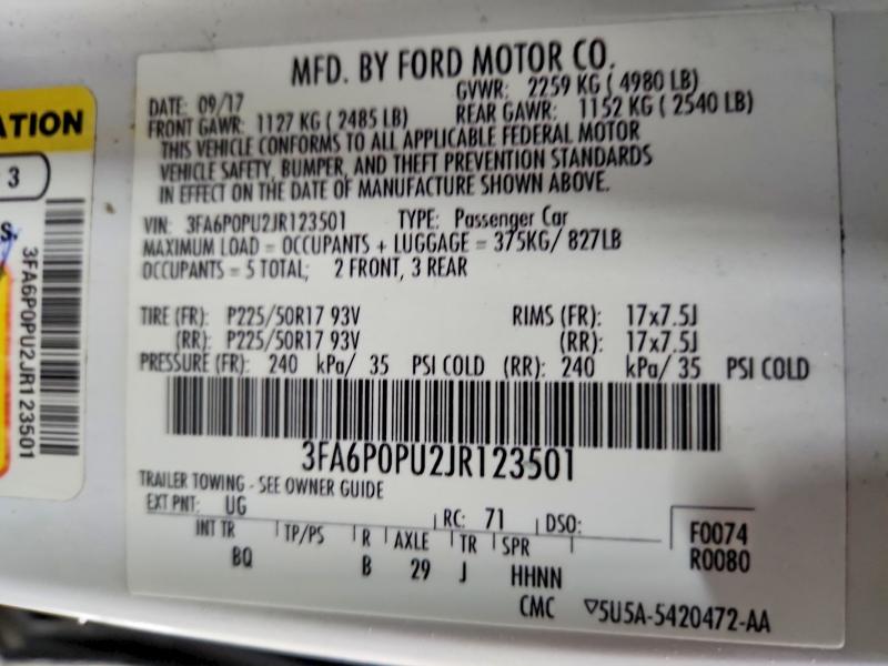 2018 Ford Fusion მანქანა იყიდება აუქციონზე, vin: 3FA6P0PU2JR123501, აუქციონის ნომერი: 74228685