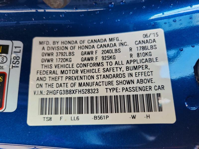 Aukcja sprzedaży 2015 Honda Civic, vin: 2HGFG3B8XFH528323, numer aukcji: 73278845