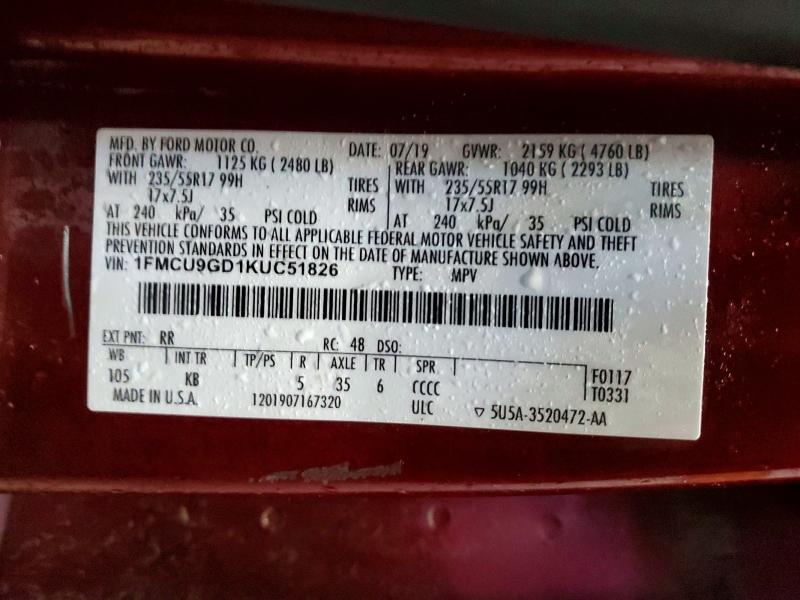 Aukcja sprzedaży 2019 Ford Escape, vin: 1FMCU9GD1KUC51826, numer aukcji: 74788625