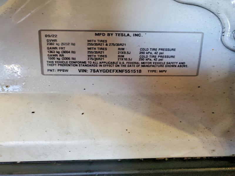 75077735 :رقم المزاد ، 7SAYGDEFXNF551518 vin ، 2022 Tesla Model Y مزاد بيع