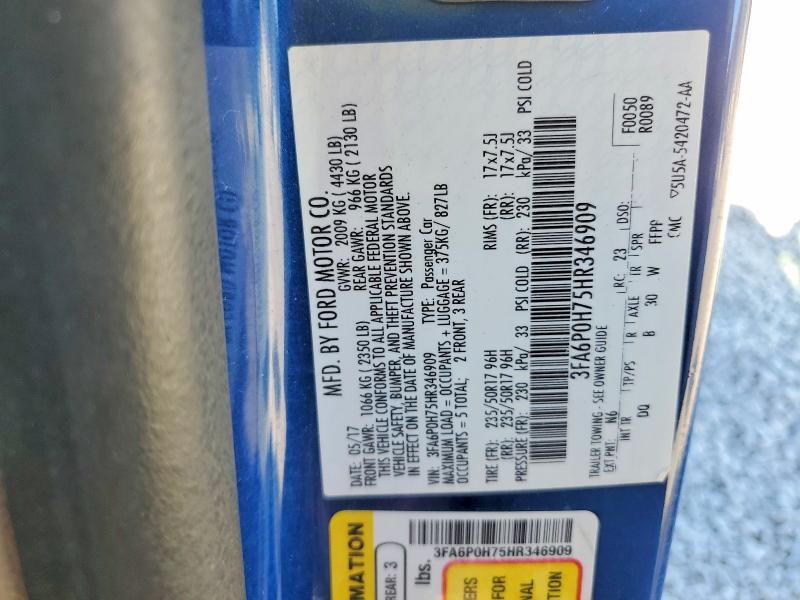 Auction sale of the 2017 Ford Fusion, vin: 3FA6P0H75HR346909, lot number: 98574175