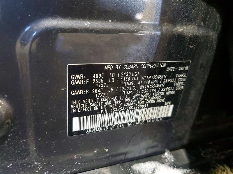 74908815 :رقم المزاد ، 4S4BSAFC6K3220931 vin ، 2019 Subaru Outback مزاد بيع