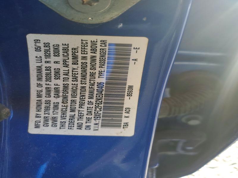 Продажа на аукционе авто 2019 Honda Civic, vin: 19XFC2F62KE040406, номер лота: 72462805