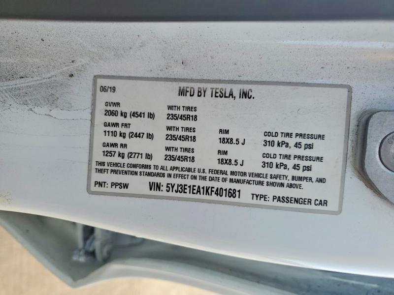 74960045 :رقم المزاد ، 5YJ3E1EA1KF401681 vin ، 2019 Tesla Model 3 مزاد بيع