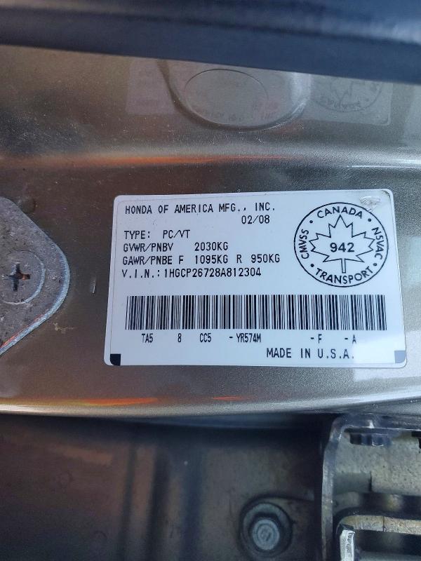 Aukcja sprzedaży 2008 Honda Accord, vin: 1HGCP26728A812304, numer aukcji: 96979845
