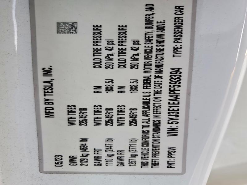Продажа на аукционе авто 2023 Tesla Model 3, vin: 5YJ3E1EA4PF593394, номер лота: 73606565