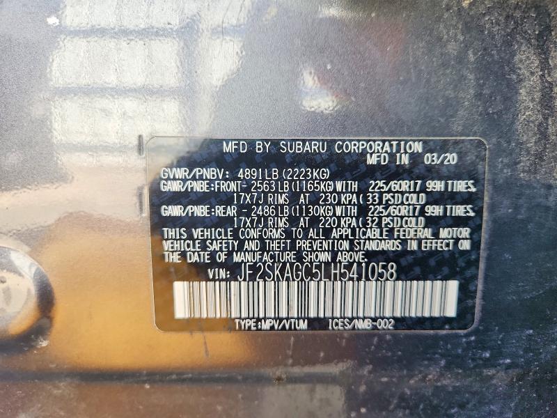 2020 Subaru Forester P მანქანა იყიდება აუქციონზე, vin: JF2SKAGC5LH541058, აუქციონის ნომერი: 99664945