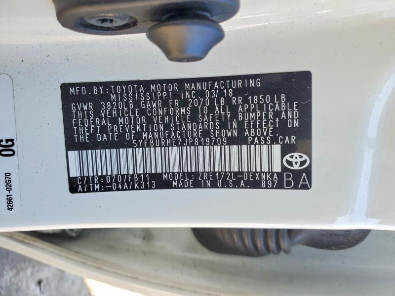 75068565 :رقم المزاد ، 5YFBURHE7JP819709 vin ، 2018 Toyota Corolla مزاد بيع