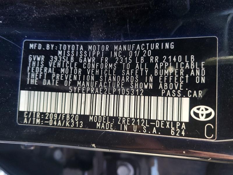 98708435 :رقم المزاد ، 5YFEPRAE2LP105312 vin ، 2020 Toyota Corolla مزاد بيع