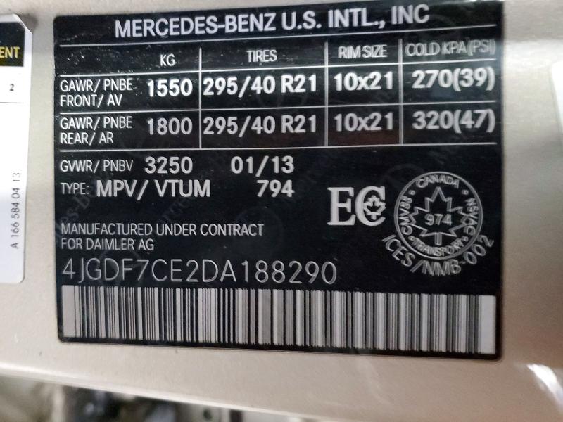 98374295 :رقم المزاد ، 4JGDF7CE2DA188290 vin ، 2013 Mercedes-benz Gl مزاد بيع
