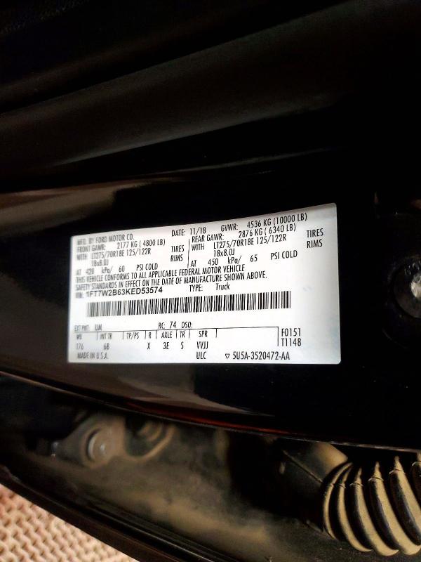 2019 Ford F250 მანქანა იყიდება აუქციონზე, vin: 1FT7W2B63KED53574, აუქციონის ნომერი: 73602995