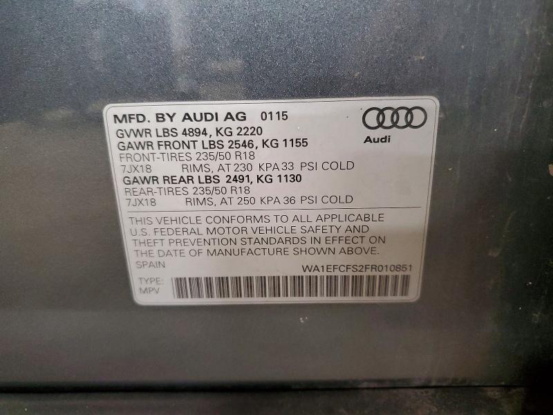 75420995 :رقم المزاد ، WA1EFCFS2FR010851 vin ، 2015 Audi Q3 مزاد بيع