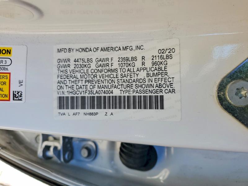 2020 Honda Accord მანქანა იყიდება აუქციონზე, vin: 1HGCV1F35LA074004, აუქციონის ნომერი: 73628745