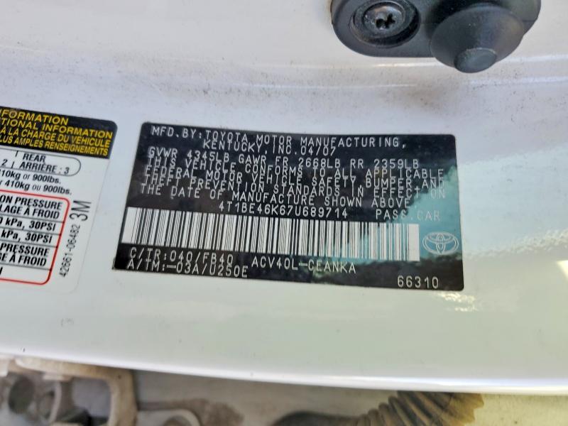 Aukcja sprzedaży 2007 Toyota Camry, vin: 4T1BE46K67U689714, numer aukcji: 72235845