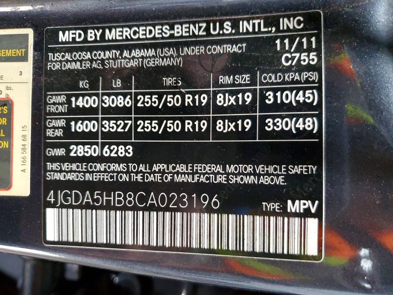 99002885 :رقم المزاد ، 4JGDA5HB8CA023196 vin ، 2012 Mercedes-benz Ml مزاد بيع