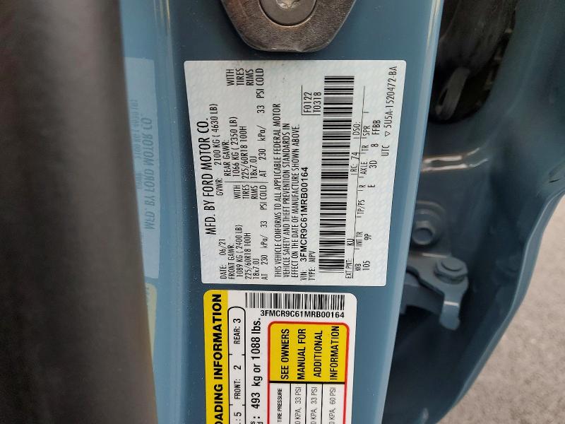 2021 Ford Bronco Sport მანქანა იყიდება აუქციონზე, vin: 3FMCR9C61MRB00164, აუქციონის ნომერი: 74706965