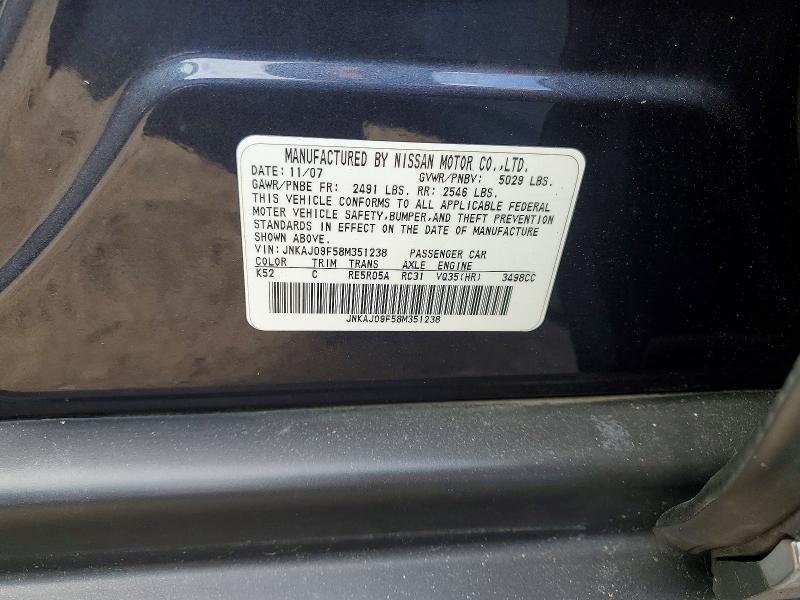 73185725 :رقم المزاد ، JNKAJ09F58M351238 vin ، 2008 Infiniti Ex35 مزاد بيع