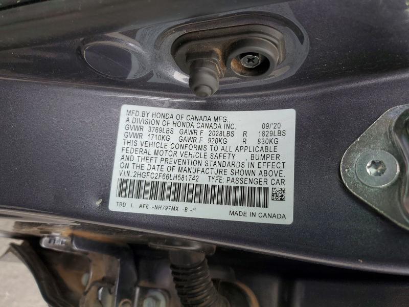 98973845 :رقم المزاد ، 2HGFC2F66LH581742 vin ، 2020 Honda Civic مزاد بيع