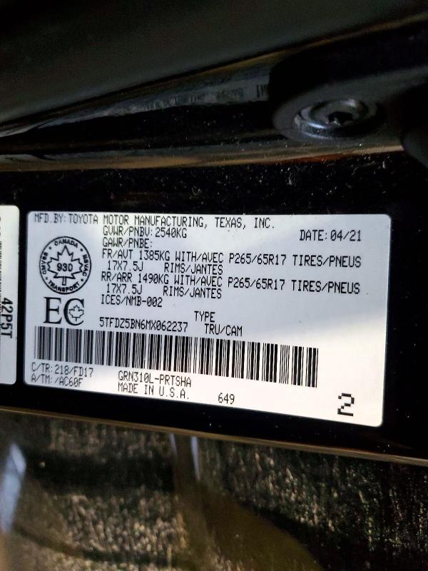 98612725 :رقم المزاد ، 5TFDZ5BN6MX062237 vin ، 2021 Toyota Tacoma مزاد بيع