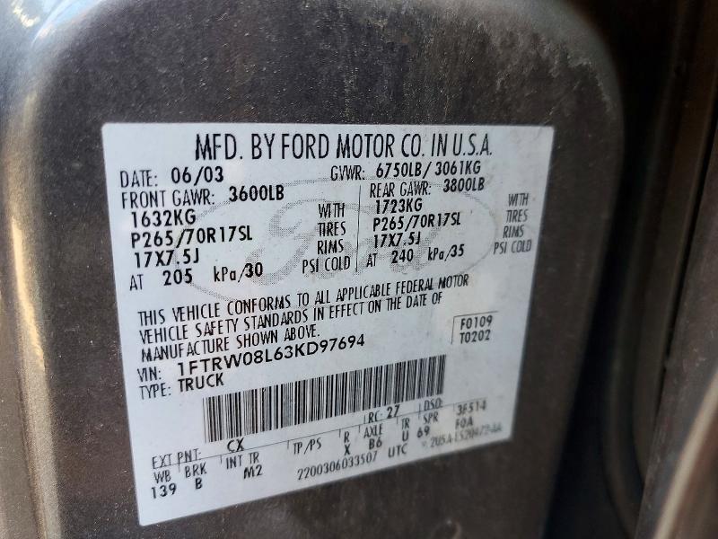Auction sale of the 2003 Ford F150, vin: 1FTRW08L63KD97694, lot number: 98417255