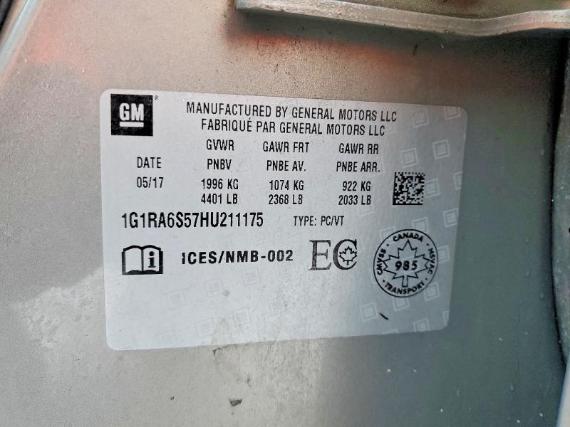 Продаж на аукціоні авто 2017 Chevrolet Volt, vin: 1G1RA6S57HU211175, номер лоту: 99868035
