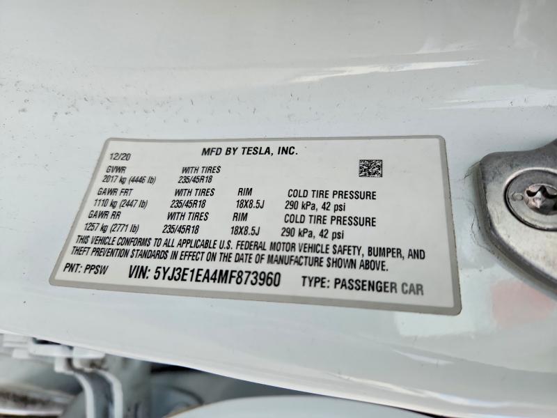 Aukcja sprzedaży 2021 Tesla Model 3, vin: 5YJ3E1EA4MF873960, numer aukcji: 99560255