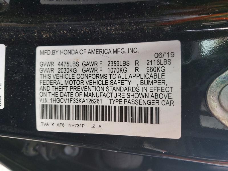 Auction sale of the 2019 Honda Accord, vin: 1HGCV1F33KA126261, lot number: 72348745