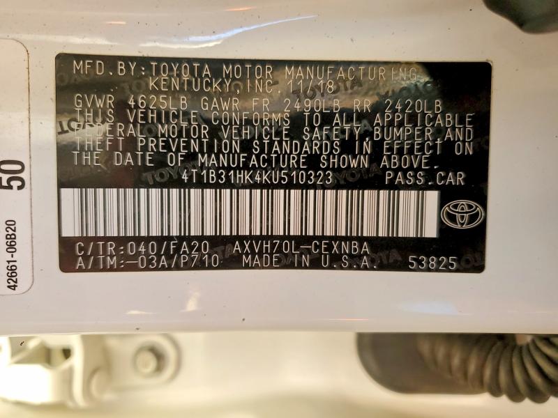 74434455 :رقم المزاد ، 4T1B31HK4KU510323 vin ، 2019 Toyota Camry مزاد بيع