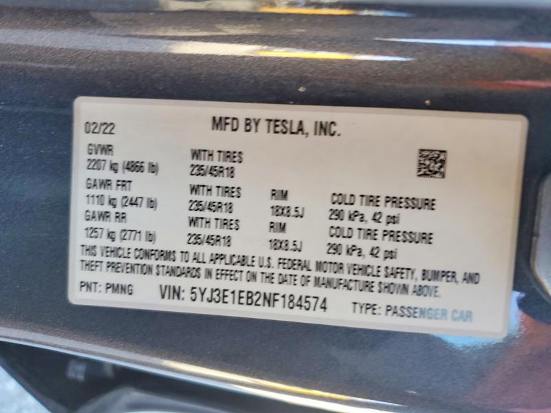 73013475 :رقم المزاد ، 5YJ3E1EB2NF184574 vin ، 2022 Tesla Model 3 مزاد بيع