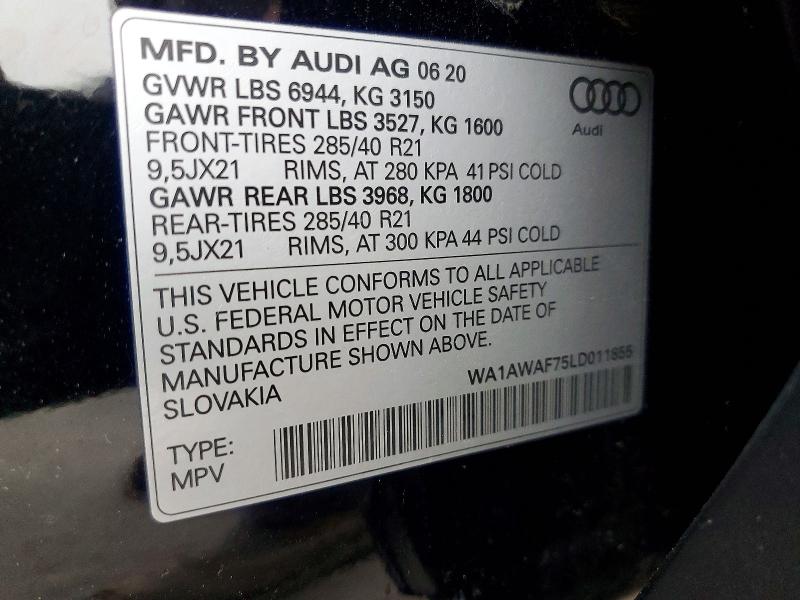 2020 Audi Sq7 მანქანა იყიდება აუქციონზე, vin: WA1AWAF75LD011855, აუქციონის ნომერი: 74051635